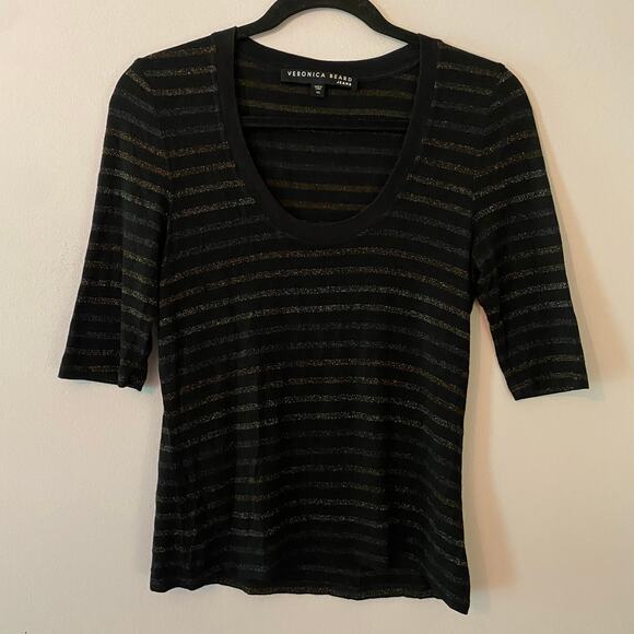 Veronica Beard Jeans Black Metallic Scoop Neck Short Sleeve Shirt Women size XS - Picture 2 of 9